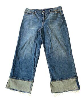 Scoop Frayed Cuffs Blue Denim Cropped Cuffed Wide Leg Pants Jeans Size 16